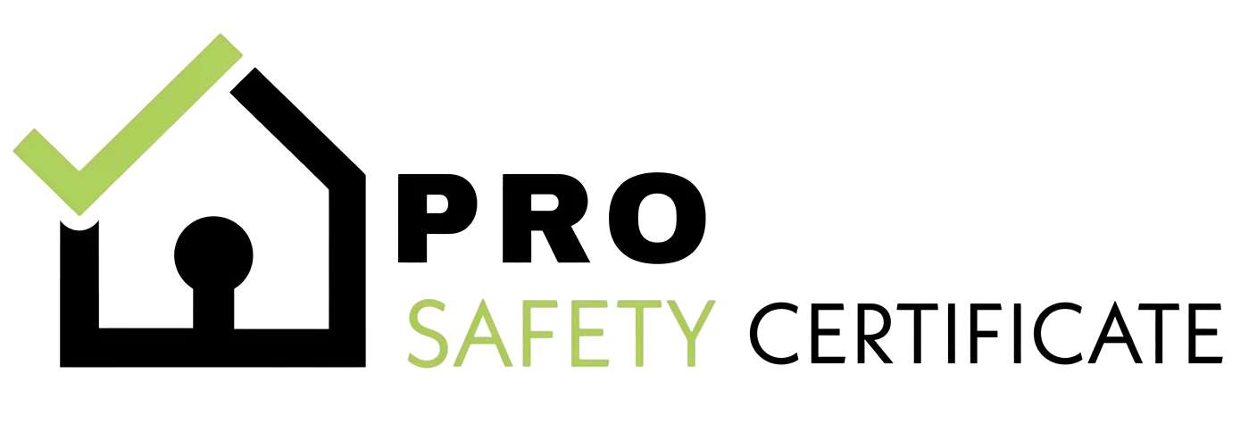 Logo for Pro Safety Certificates featuring a black house outline with a keyhole inside and a green checkmark on the roof, next to the text "PRO SAFETY CERTIFICATES".