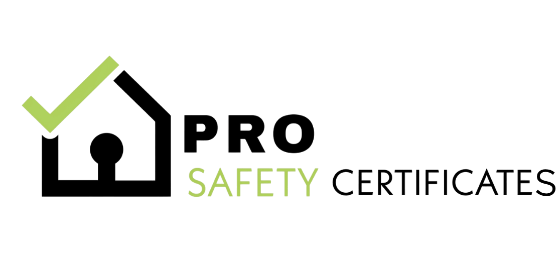 Logo for Pro Safety Certificates featuring a black house outline with a keyhole inside and a green checkmark on the roof, next to the text "PRO SAFETY CERTIFICATES".