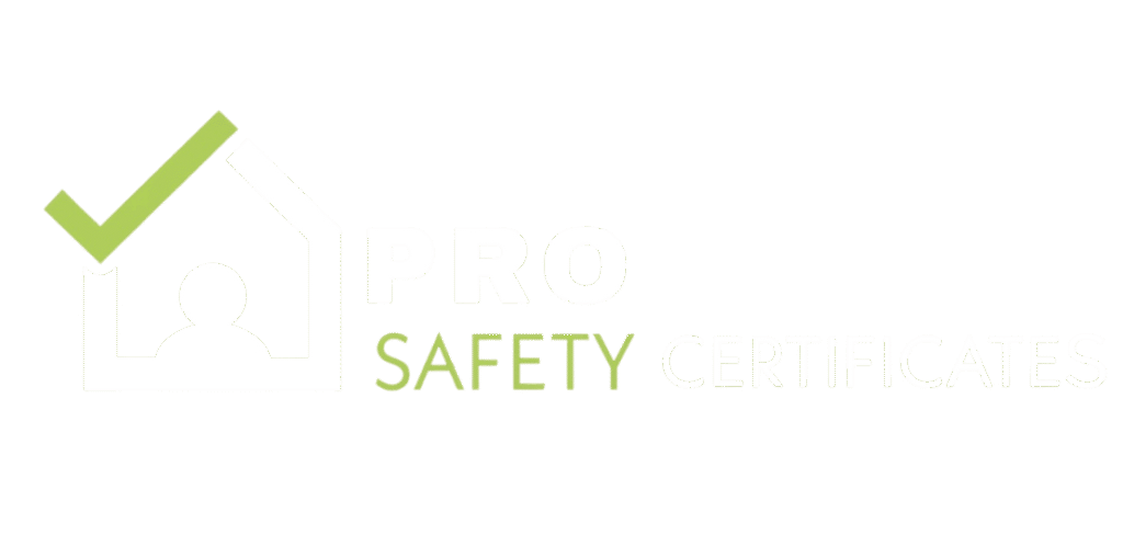 Pro Safety Certificates logo variant for dark backgrounds, featuring a white house outline with a keyhole, a green checkmark on the roof, and the text "PRO SAFETY CERTIFICATES" in white and green.
