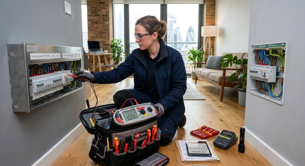 A professional female electrician conducting an EICR test on a fuse board inside a modern London apartment using diagnostic testing tools.