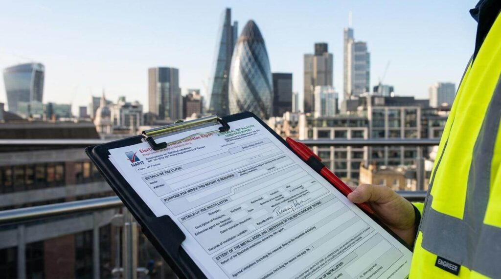 A close-up view of a signed electrical safety certificate document held on a clipboard against the London skyline background.