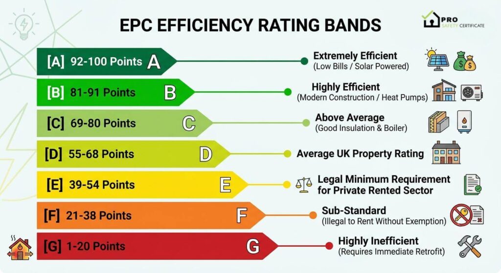 Energy Performance Certificate (EPC certificate) efficiency rating scale infographic displaying bands A to G, color-coded from green to red, showing SAP score point ranges, description notes, and icon representations for UK property ratings.