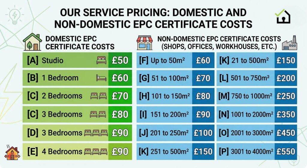 EPC certificate service pricing chart displaying domestic rates by bedroom count from £50 for a studio to £90 for 4 bedrooms, alongside non-domestic commercial EPC rates based on square meters ranging from £60 up to £550.
